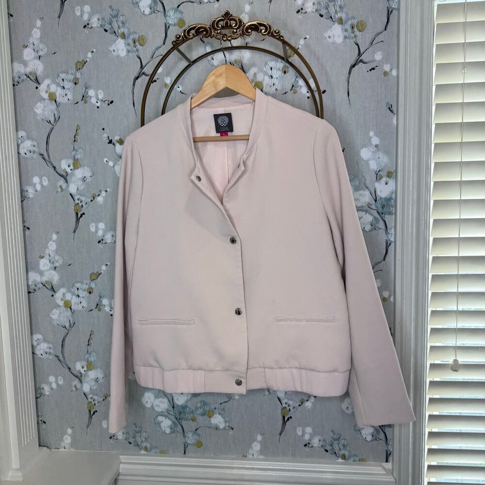 Vince Camuto Womens Pink Snap Front Collarless Bomber Jacket Size L Blush Crepe
